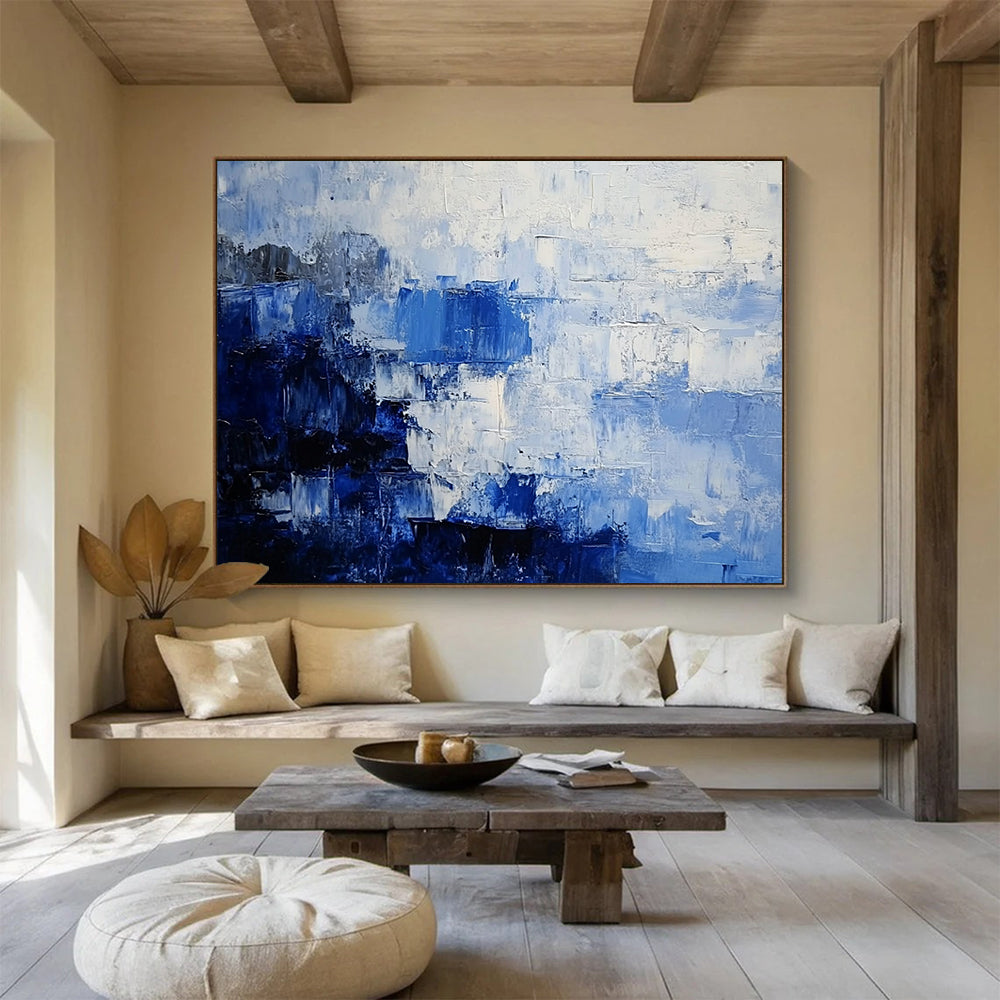 “Blue - Gray Abstract Block Patterns” - Blue, Gray, Block Shapes Painting On Canvas HB0837