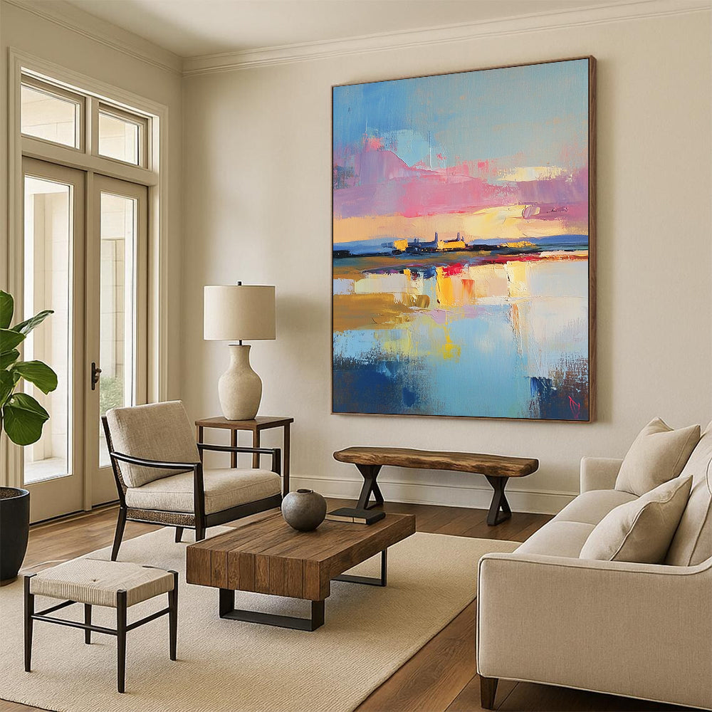 Contemporary abstract painting showcasing a dreamy oil-painted sky above an RAF base with vibrant scripted colors reflecting on water below. DLZ0660