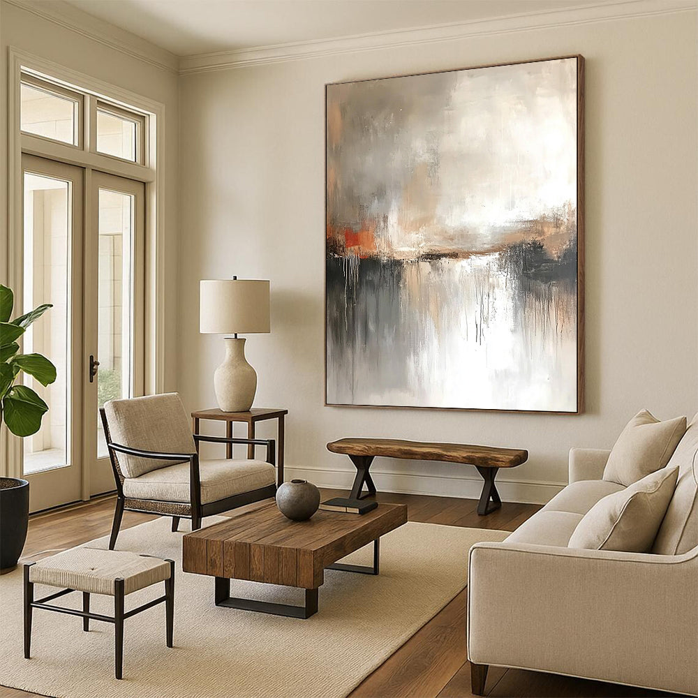 Contemporary abstract painting with muted colors, gray tones, and atmospheric effect, inspired by J.M.W. Turner’s expressive landscapes. DLZ0406