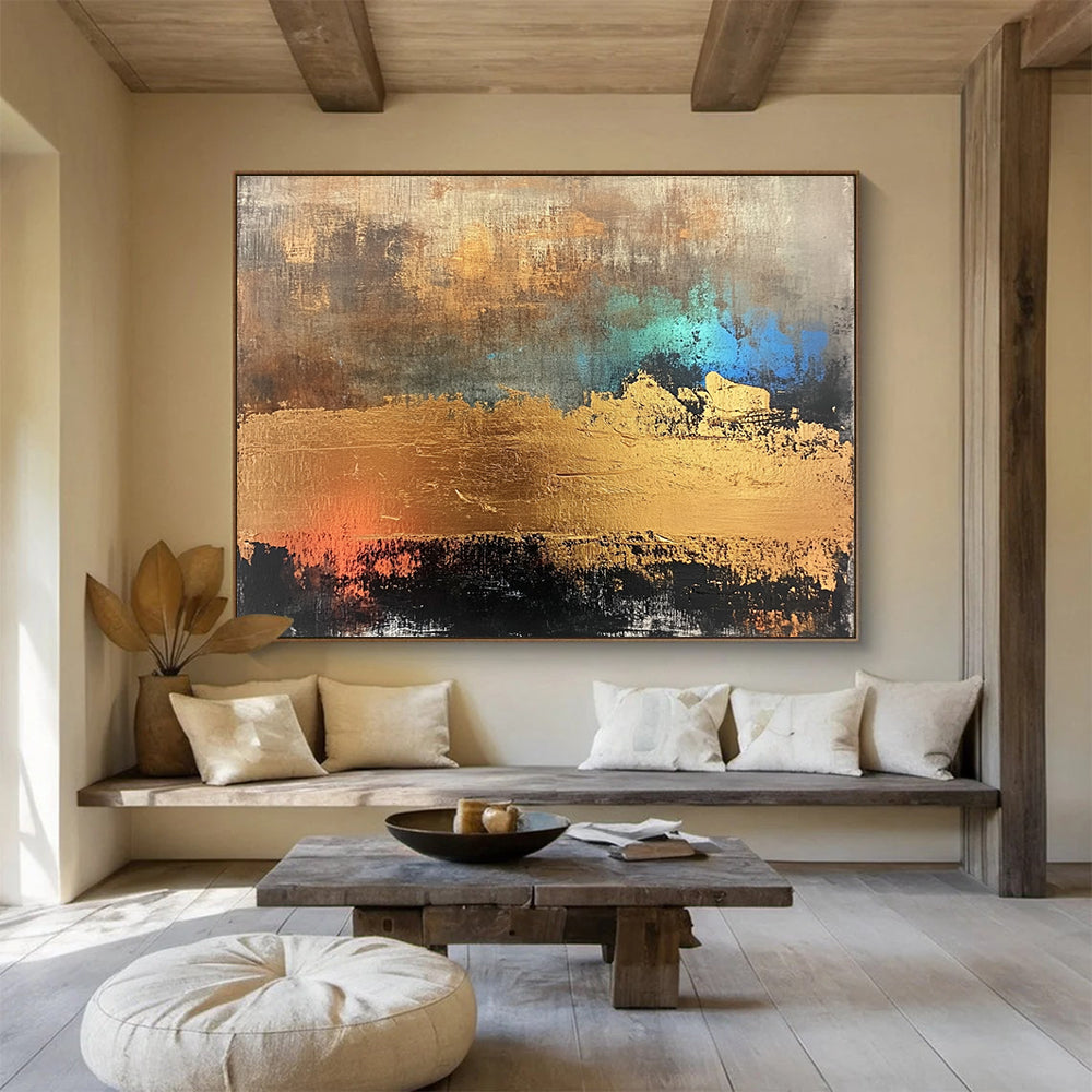 “Gold - Teal Abstract Textures” - Gold, Teal, Abstract Textured Painting On Canvas HB1107