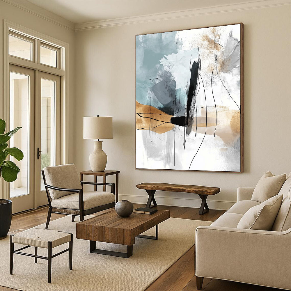 Large contemporary abstract painting featuring soft lines and shapes with a light gray-blue background and flowing watercolor effects in a warm beige palette. DLZ0769