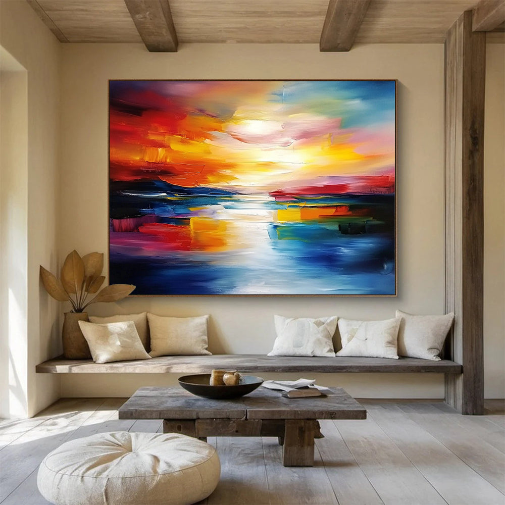 “Fiery Sunset Reflections” - Bold Reds, Oranges, Yellows, and Blues, Dramatic Sunset Over Water Painting On Canvas HB0910
