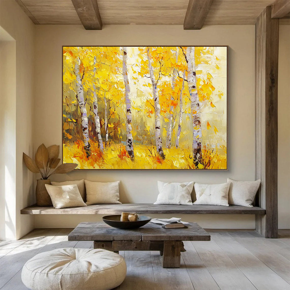 “Golden Autumn Birches” - Yellows, Oranges, Browns, White, Birch Trees - Impressionist Oil Painting HB1582