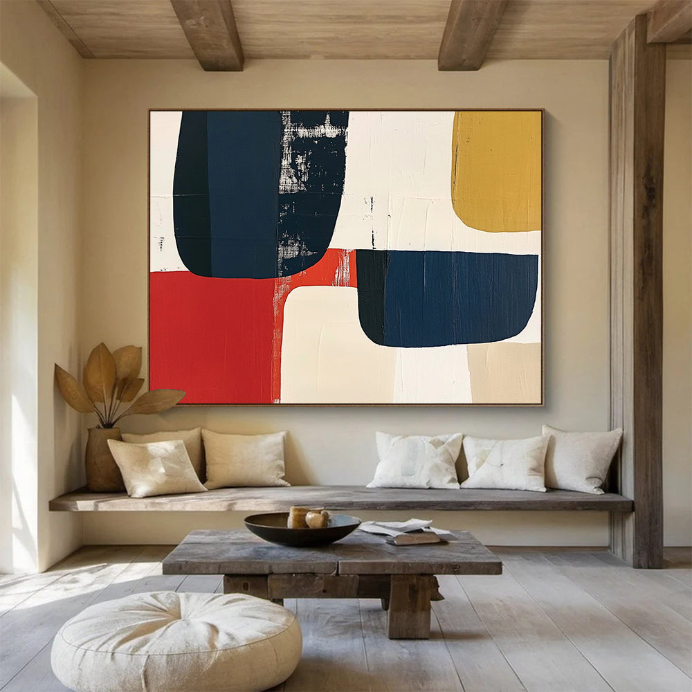 “Colorful Geometric Blocks” - Navy, red, beige, mustard, Abstract Geometric Painting HB0617