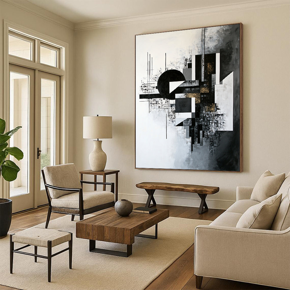 Black, White, Gray and Gold Geometric Abstraction "Gilded Geometry" Painting On Canvas HB318