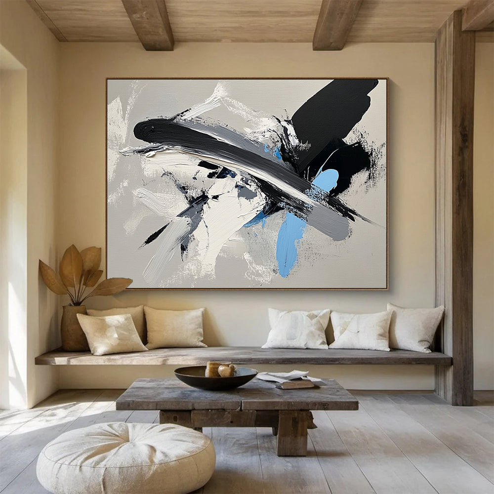 “Dynamic Black - Gray - Blue Brushstrokes” - Black, Gray, Blue, White, Energetic Strokes Painting On Canvas HB0811