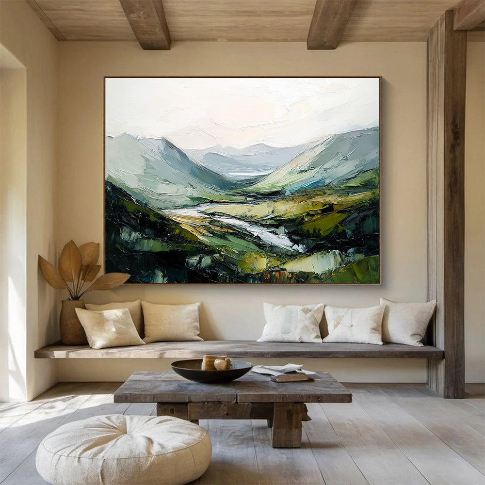 “Impasto Valley Landscape” - Green, Gray, Yellow with Textured Valley - Painting On Canvas HB1401
