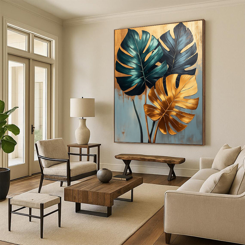 Contemporary abstract painting featuring lush monstera leaves in green and gold on a soothing light blue backdrop with elegant gold accents. DLZ1680
