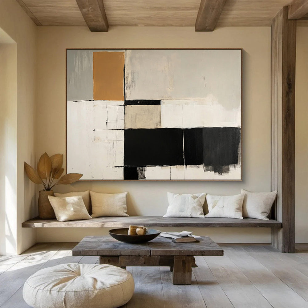 “Neutral Grid Abstract” - Black, White, Brown, Grid - Like Shapes - Modernist Acrylic Painting HB1518