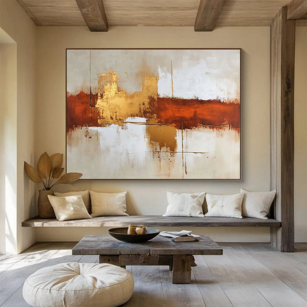 “Brown Gold White Abstract Horizons” - Brown, gold, white, beige; Abstract horizons with gold reflections HB1291