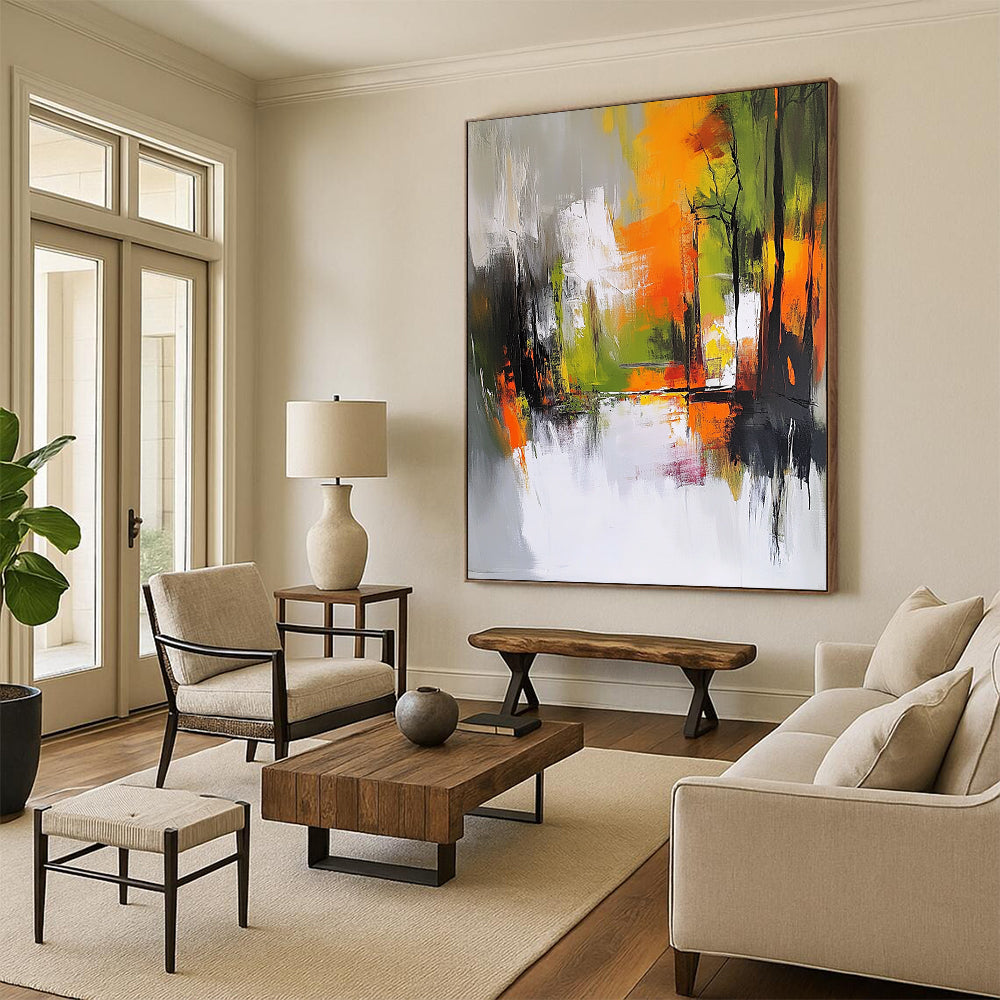 Contemporary hand-painted abstract art features an autumn forest in gray and white with vibrant orange yellow and green accents showcasing dynamic brush strokes. DLZ0947