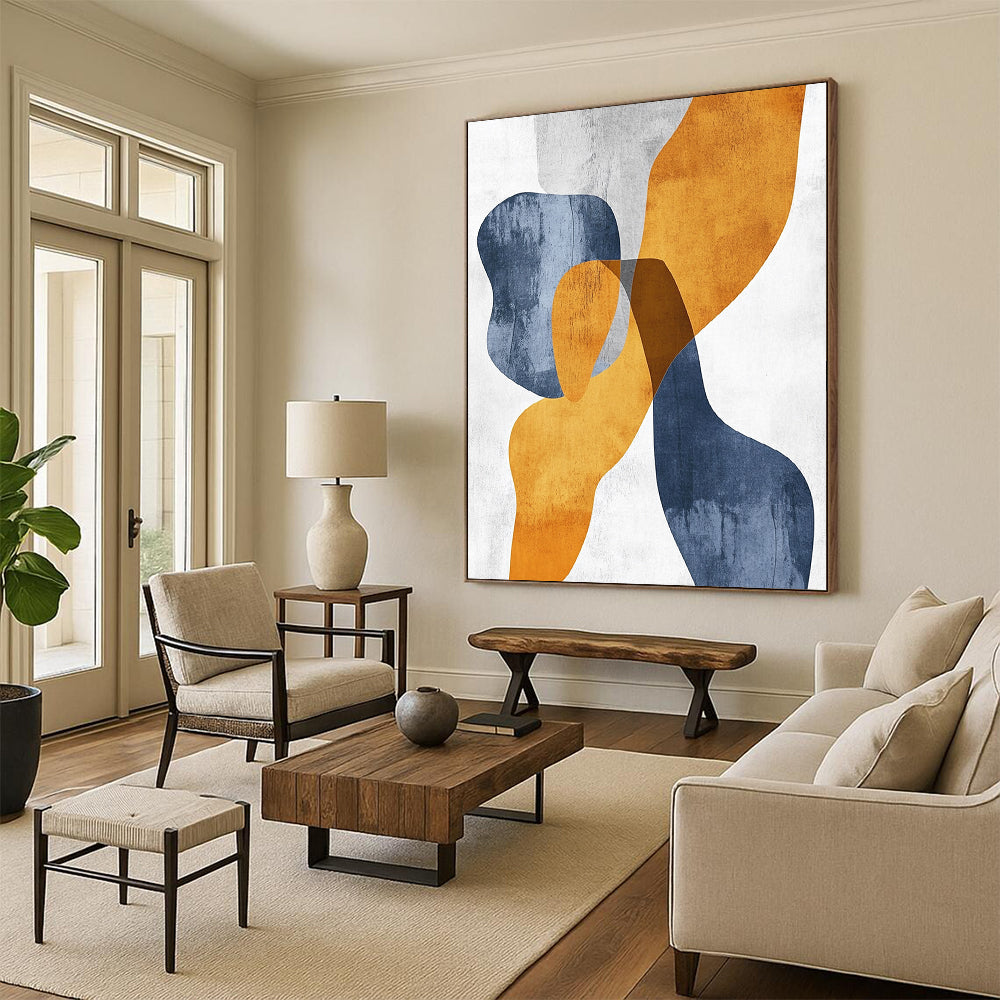 Contemporary hand-painted abstract art featuring organic shapes in mustard yellow and bluish-grey with touches of burnt orange on textured paper. DLZ0501