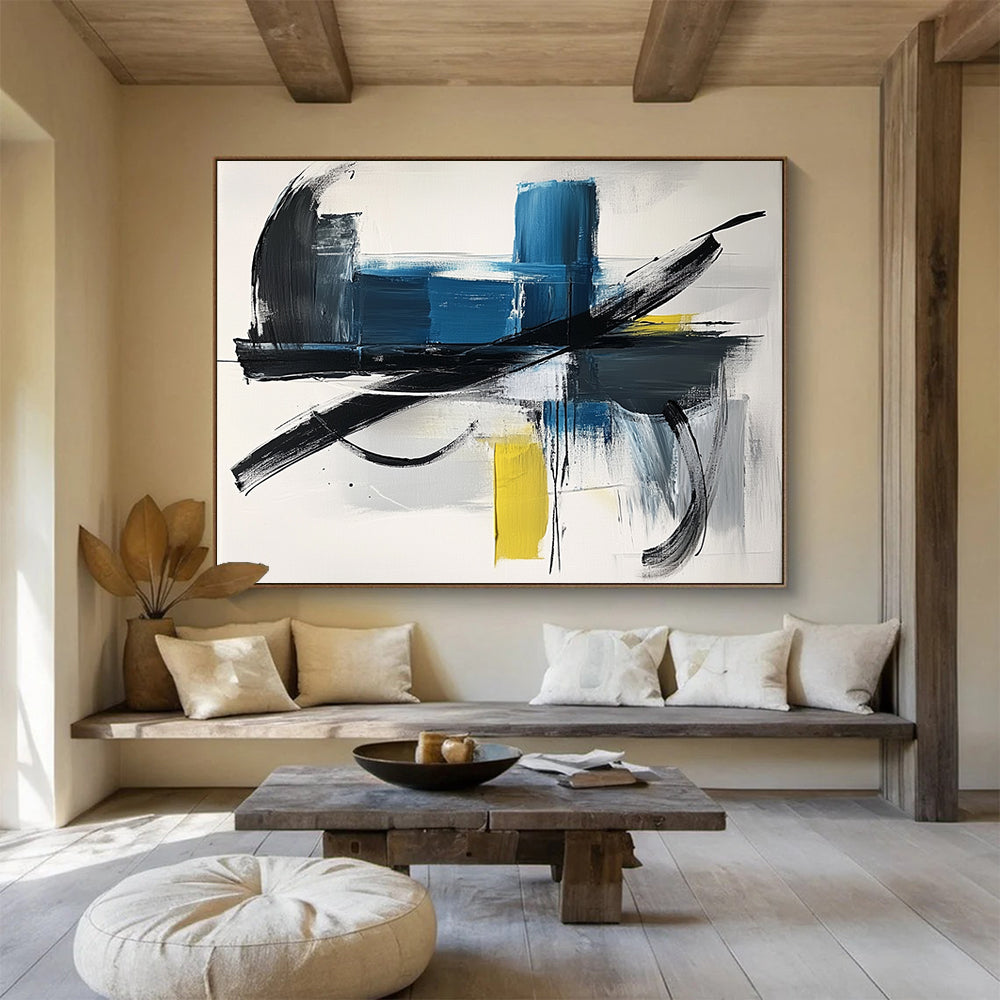 “Blue and Black Dynamism” - Blue, Black, Yellow, Gray, Bold Strokes - Abstract Expressionist Acrylic Painting HB1549