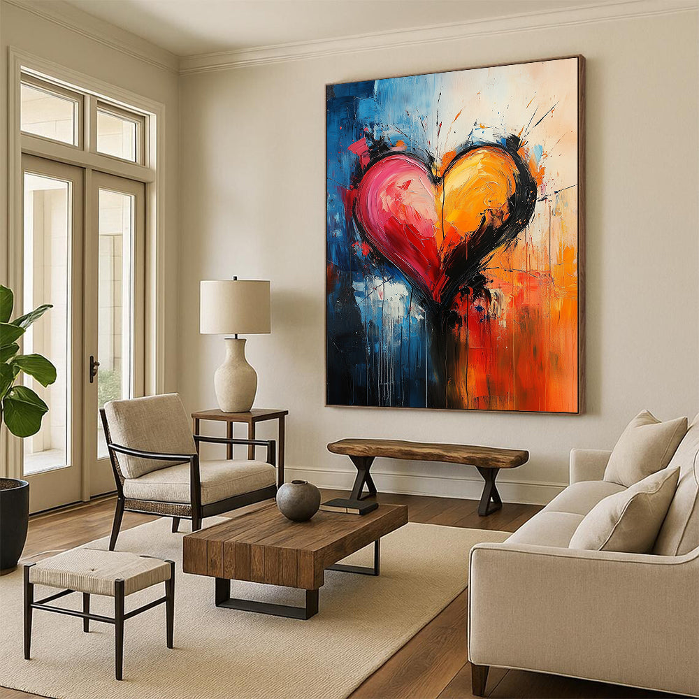 Contemporary abstract art features a heart shape in vibrant swirling colors embodying passion with expressive brushwork and dynamic composition on canvas. DLZ1272