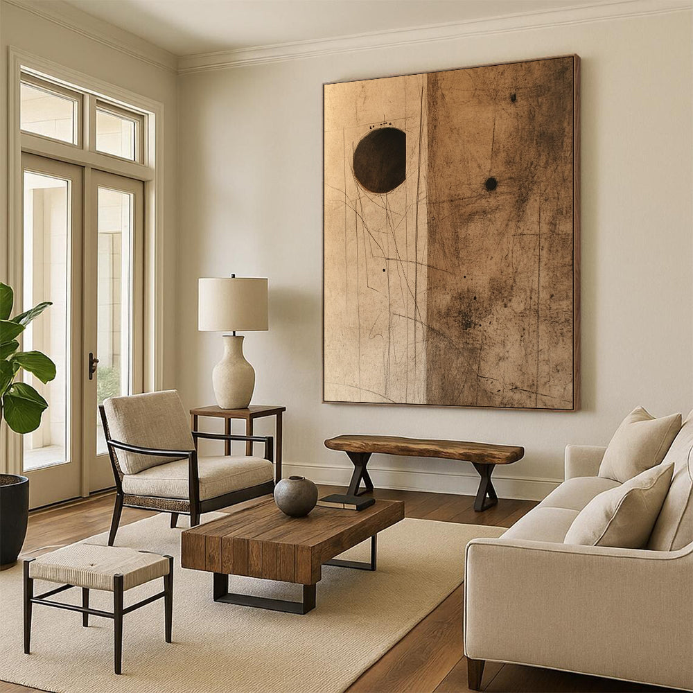 Contemporary hand-painted abstract art features textured brown paper with dark stains and a small hole, complemented by a striking cardboard piece. DLZ1089