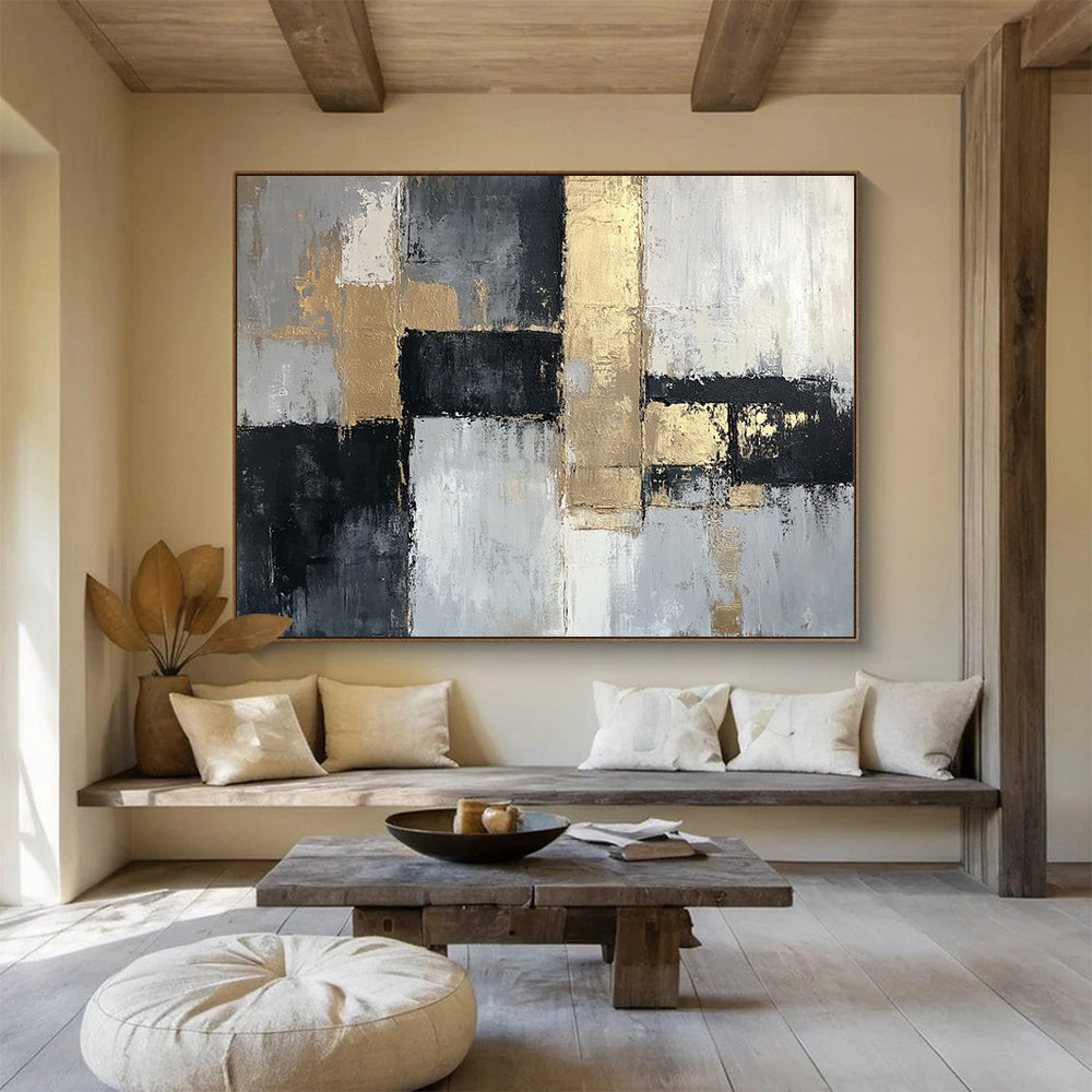 “Gold Accents on Gray Abstract” - Gray, white, black, gold; Abstract with geometric shapes and gold accents; Acrylic Painting On Canvas HB1268