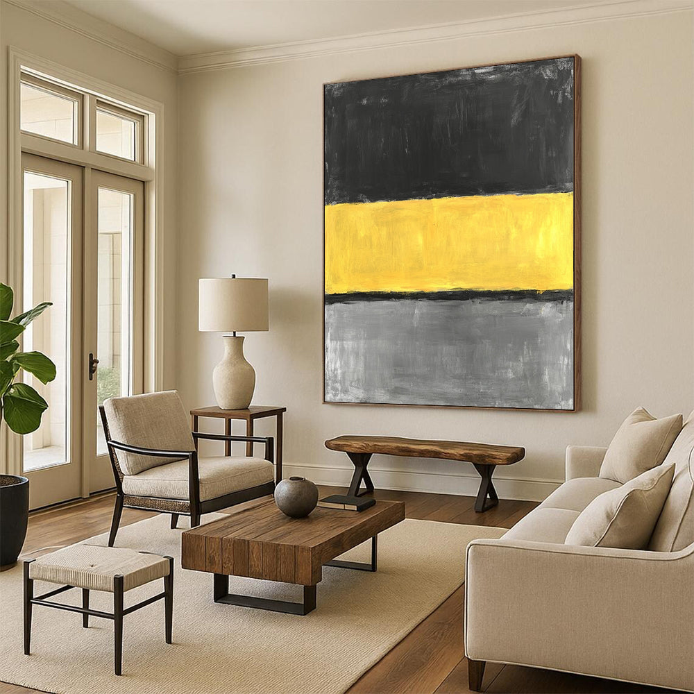 Large contemporary hand-painted abstract artwork featuring a striking yellow stripe on a grey background in minimalist oil expression. DLZ1390