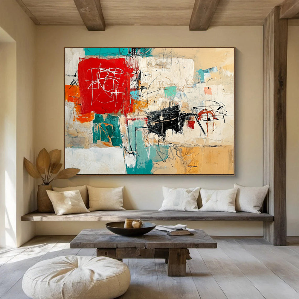 “Colorful Chaos” - Red, Teal, Orange, Expressive Marks - Abstract Expressionist Acrylic Painting HB1540