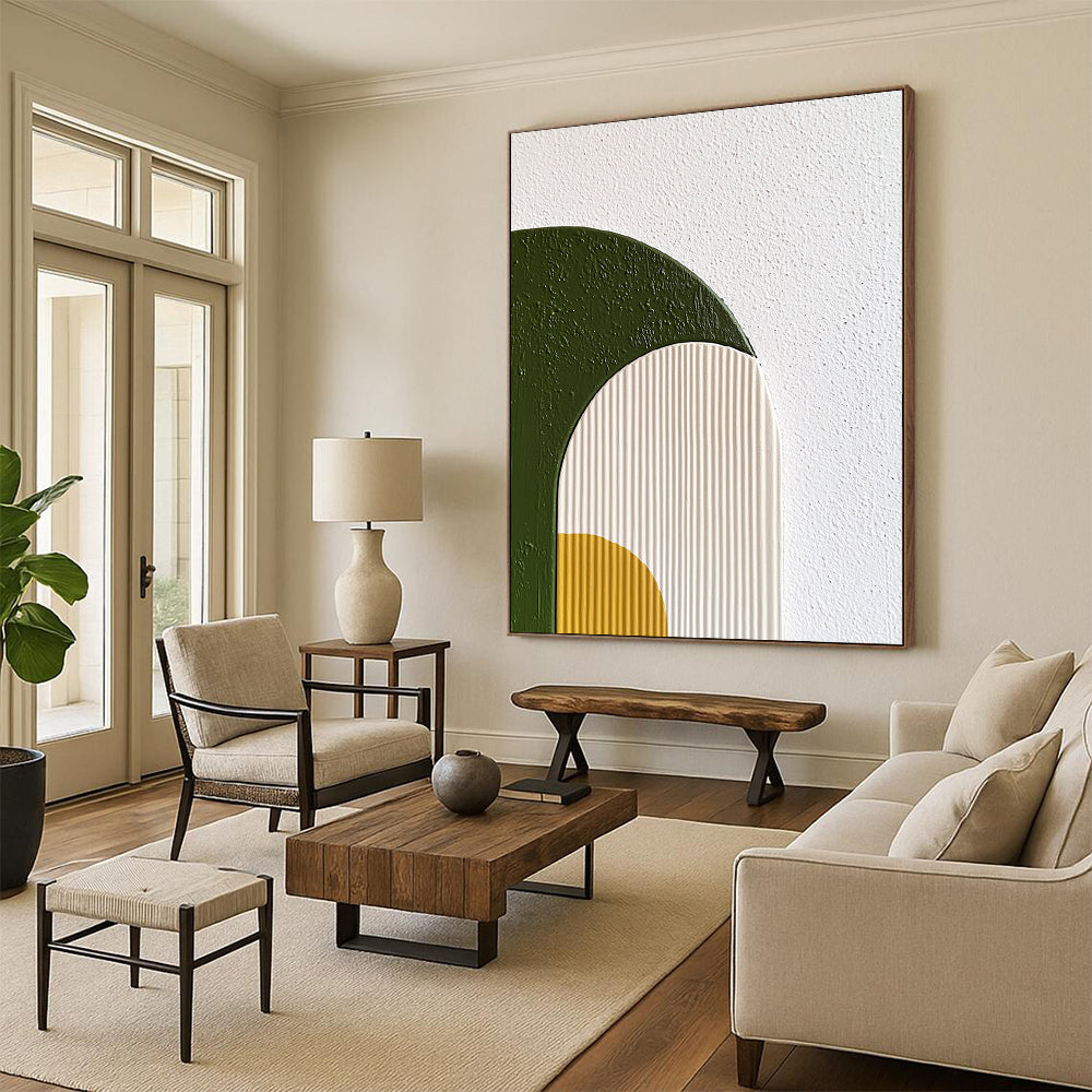 Contemporary hand-painted abstract wall art features organic shapes in green and yellow on a textured background with soft gradients and minimalist design. DLZ1235
