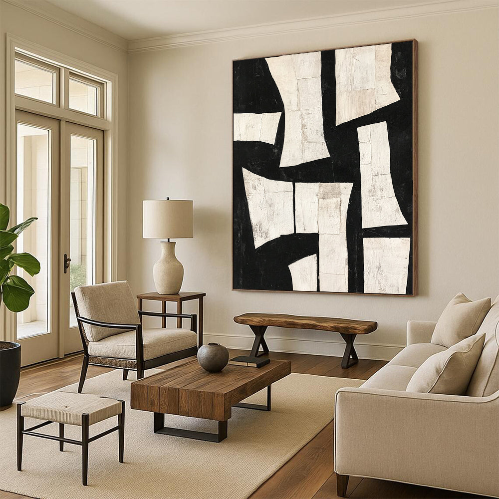 Contemporary hand-painted abstract art featuring deconstructed minimalist shapes and torn paper collage in dynamic white on black. DLZ0303