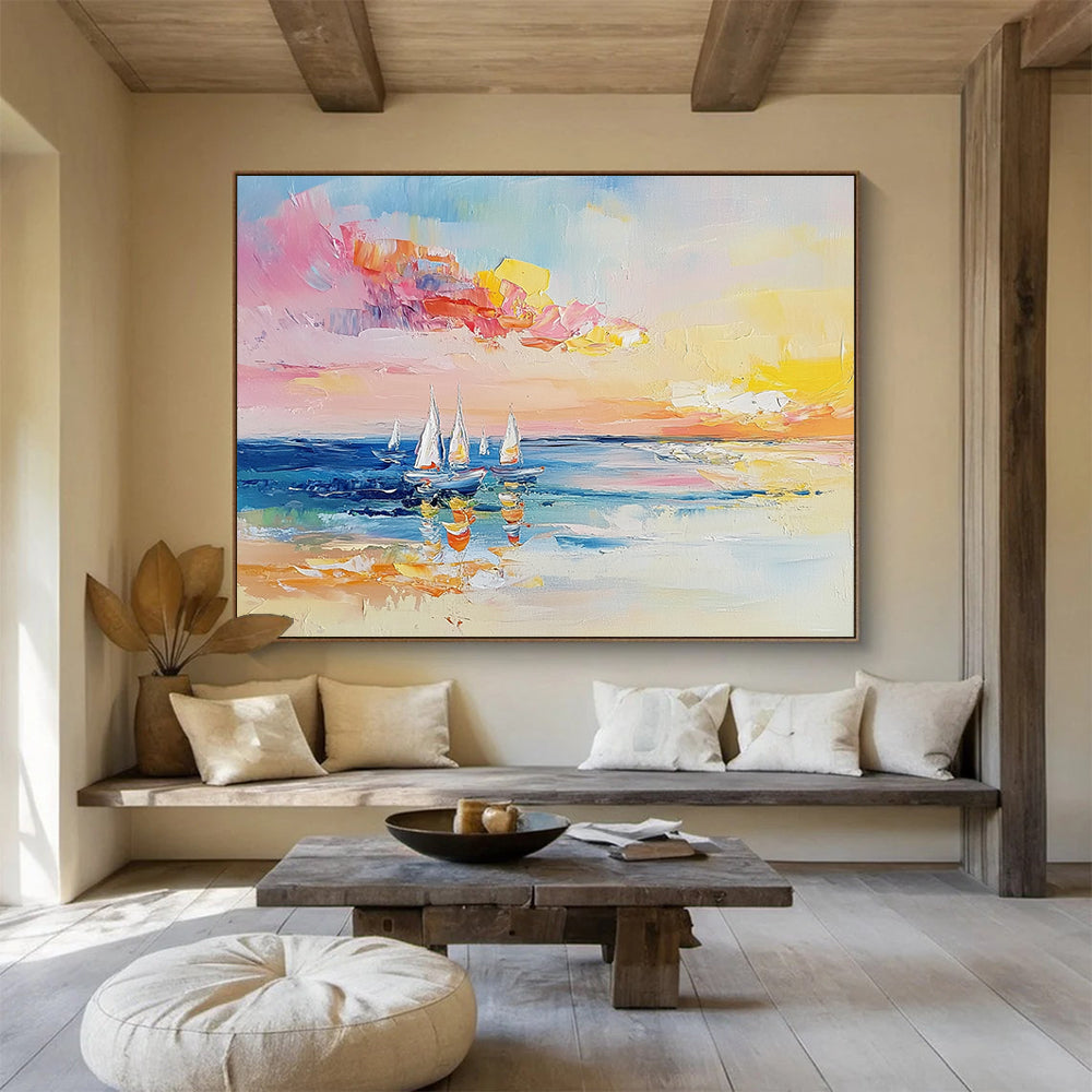 “Colorful Sailboat Seascape” - Pink, Yellow, Blue, White - Impasto Sailboats at Sunset - Oil Painting HB1307