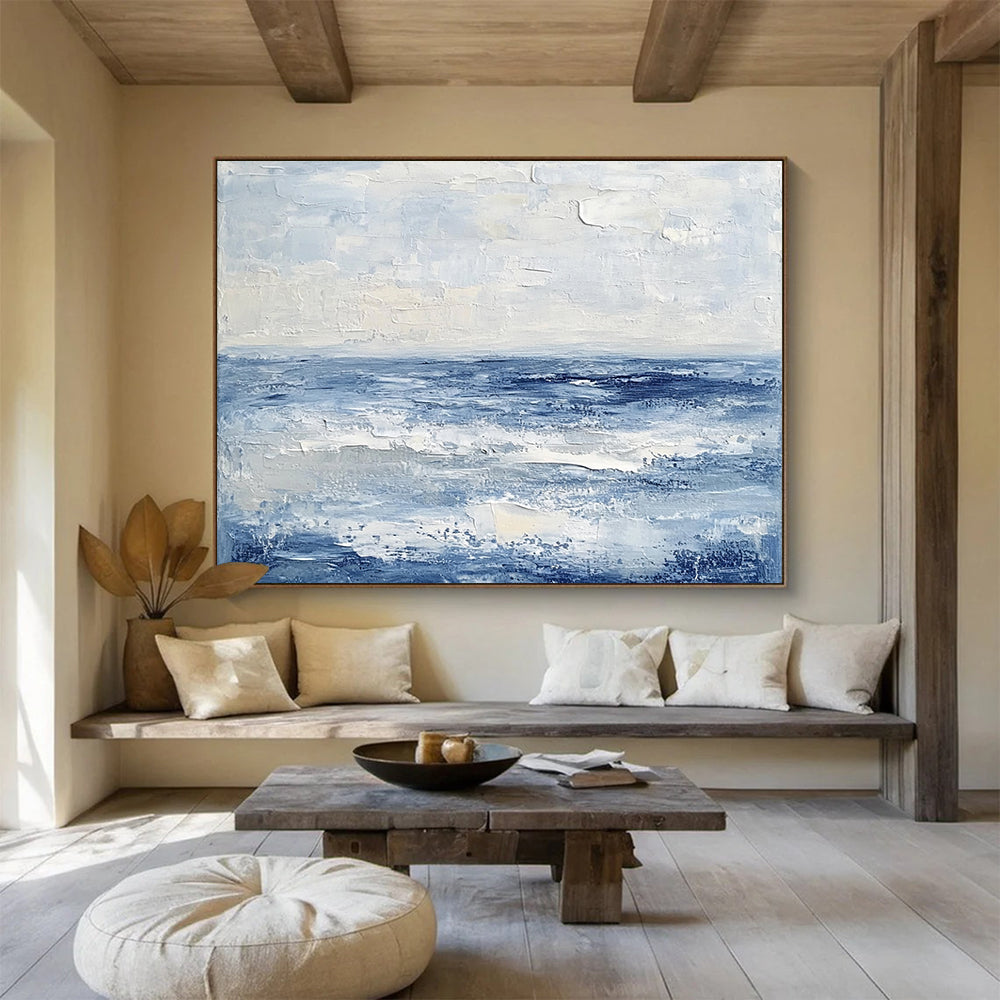 “Textured Blue Ocean” - Shades of blue, white; Abstract ocean waves; Impasto Oil Painting On Canvas HB1192
