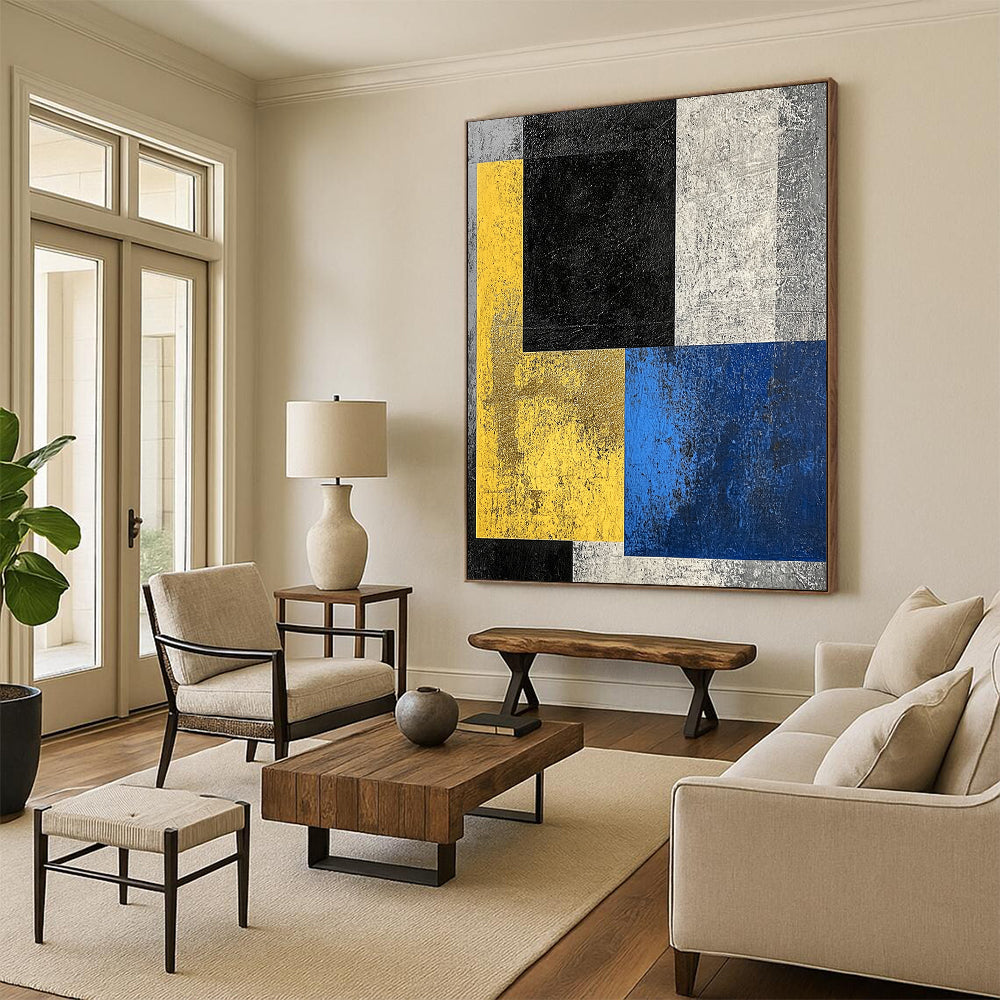Black, Yellow, Gold, Blue, Gray with Textured Blocks "Colorful Contrast" Abstract Painting On Canvas HB010