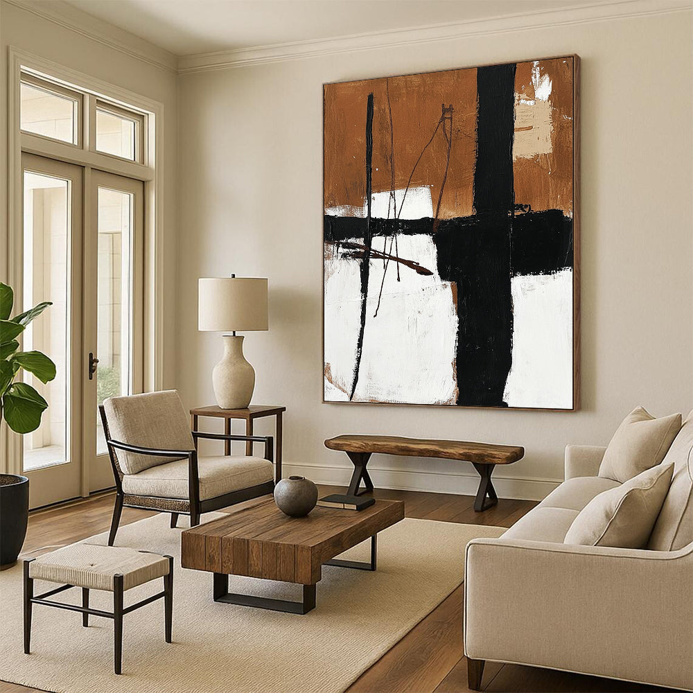 Contemporary abstract oil painting featuring black and white elements with brown lines on a neutral background showcasing earthy tones and minimalistic design. DLZ0311