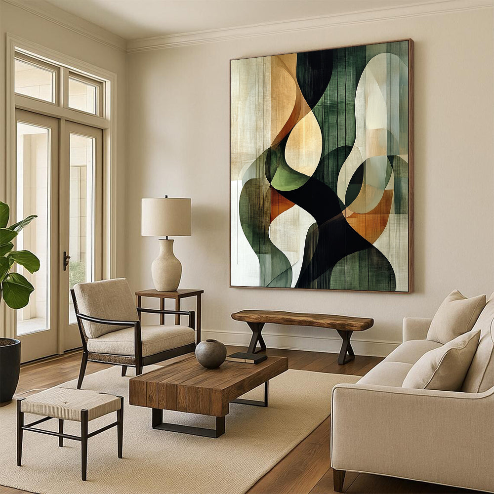 Contemporary hand-painted abstract art featuring intertwined circular shapes in green black and beige against a textured nature-inspired brown background. DLZ0994