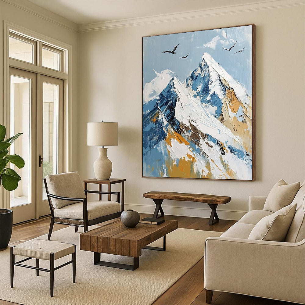 Contemporary abstract painting depicting Mount Everest's summit with flying birds, featuring a serene palette of white, blue, and gold. DLZ0493