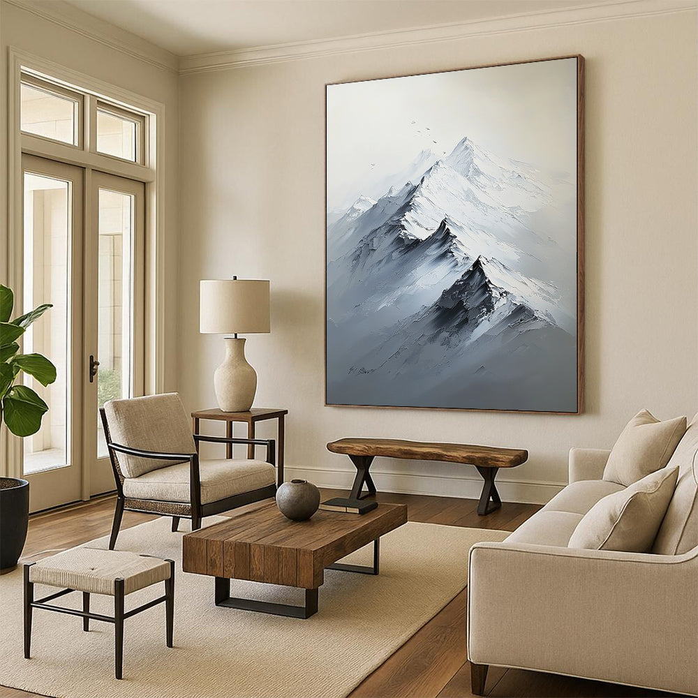 Contemporary hand-painted abstract artwork featuring a large snow-capped mountain range in white and gray tones with rich textures and strong light contrast. DLZ1290
