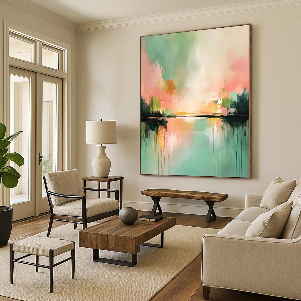Contemporary abstract painting featuring soft pinks and greens with reflections on water atmospheric clouds and light gold highlights. DLZ0407