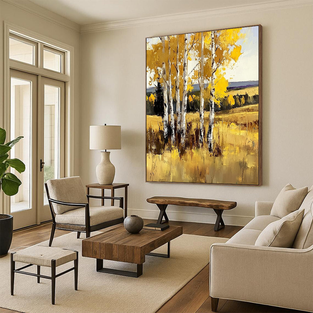 Large contemporary hand-painted abstract artwork featuring birch trees in vibrant yellow against sunny grasslands with bold brush strokes. DLZ1102