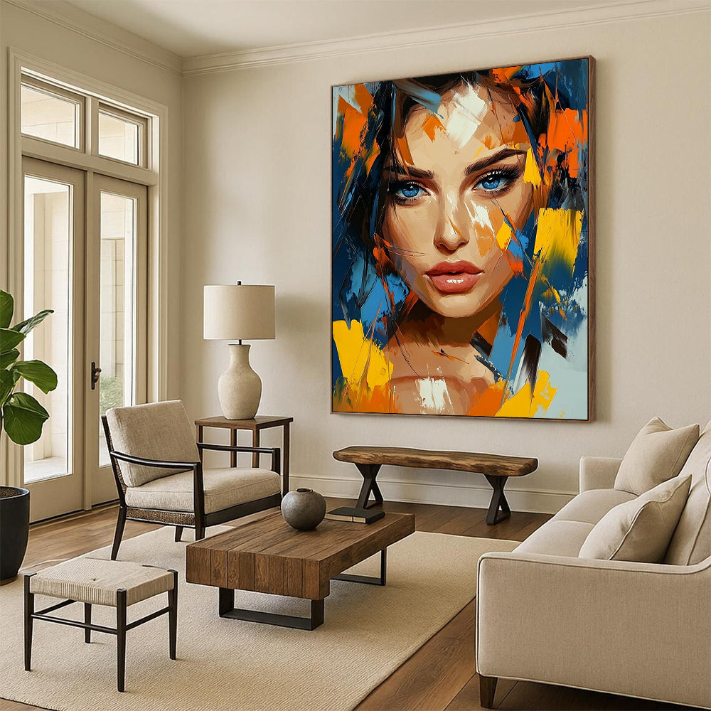 Contemporary abstract artwork featuring vivid colors and geometric shapes with expressive brushstrokes capturing a woman's beauty and depth. DLZ1130