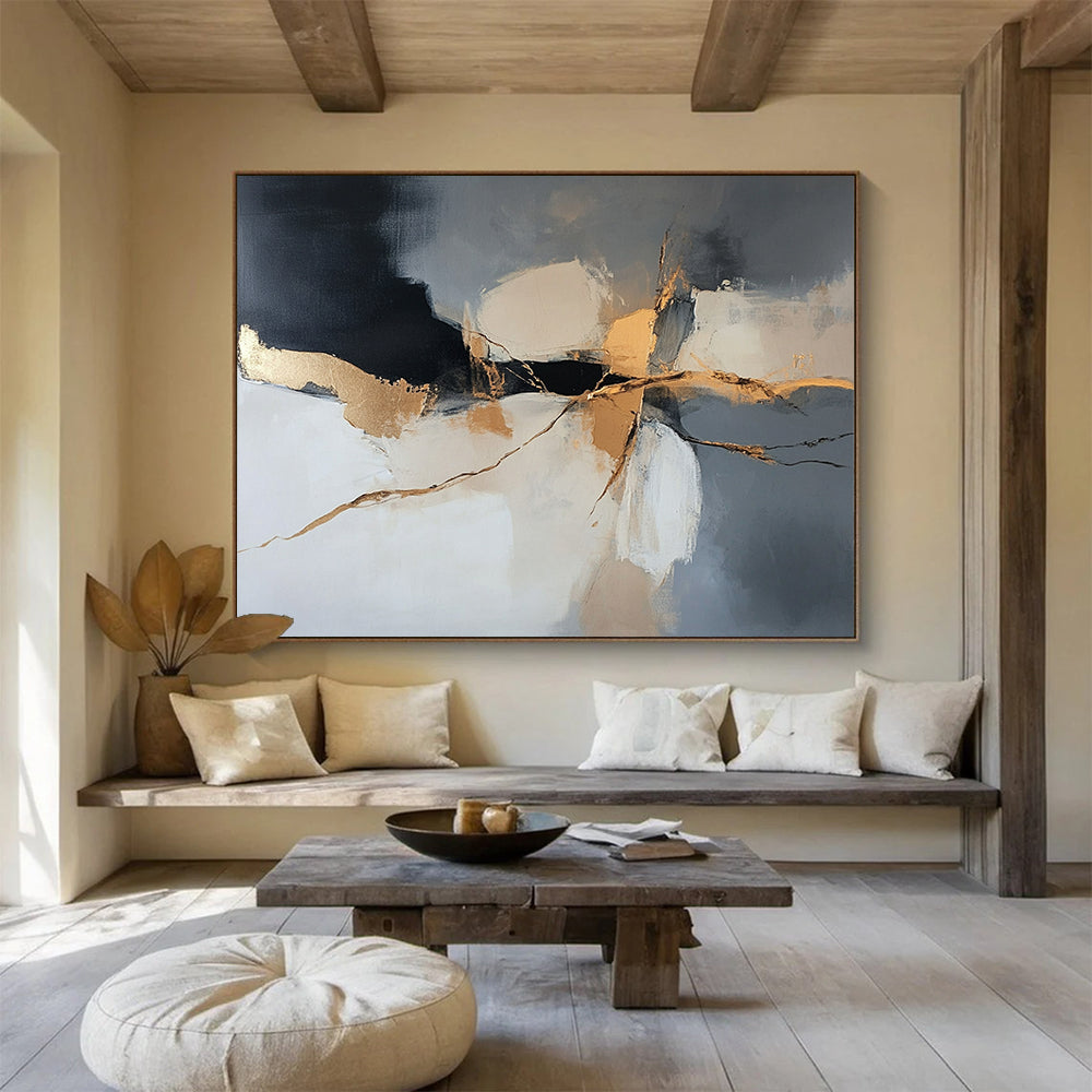“Gilded Cracks” - Gray, Gold, Black, Abstract Textured Painting On Canvas HB1059