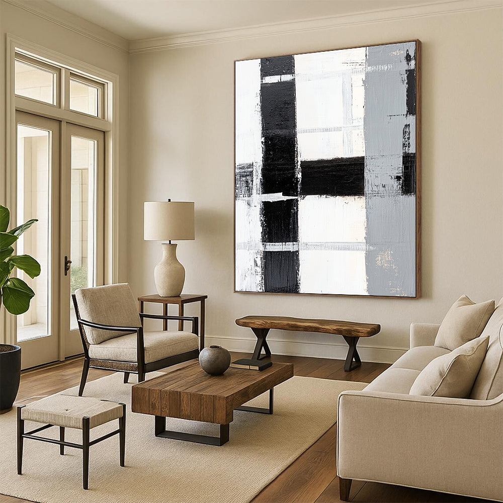 Black, White, Gray, Patchwork Squares "Monochrome Patchwork" Abstract Minimalist Painting On Canvas HB160