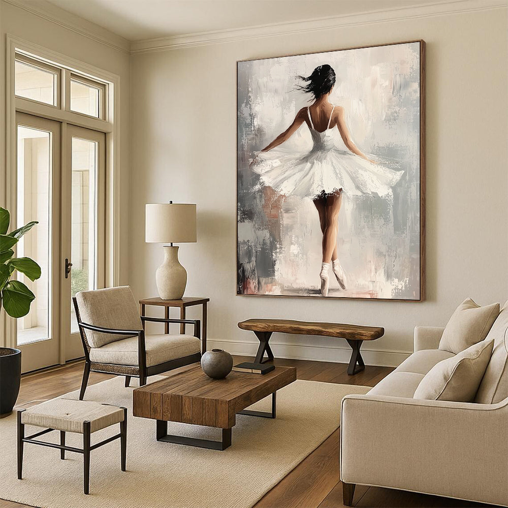 Contemporary hand-painted abstract art featuring an elegant ballerina in a white dress with graceful movements set against a soft gray and neutral background. DLZ1121
