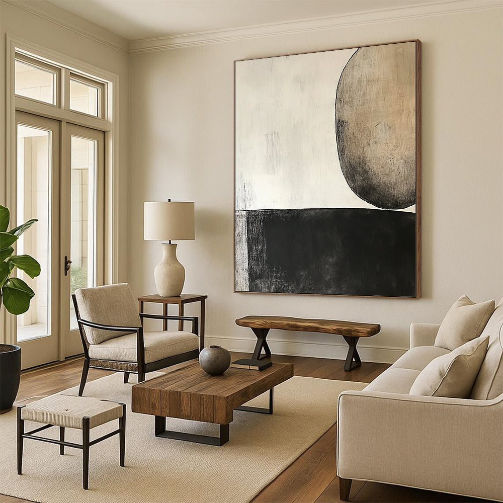 Contemporary hand-painted abstract art featuring a dark gray oval and dual brown circle on light beige background, inspired by minimalist design and Robert Motherwell. DLZ0958