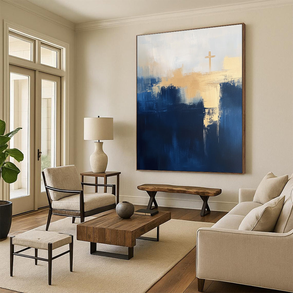 Contemporary abstract painting featuring navy blue and light beige tones with large brush strokes and a minimalist cityscape design emphasizing depth and negative space. DLZ0714