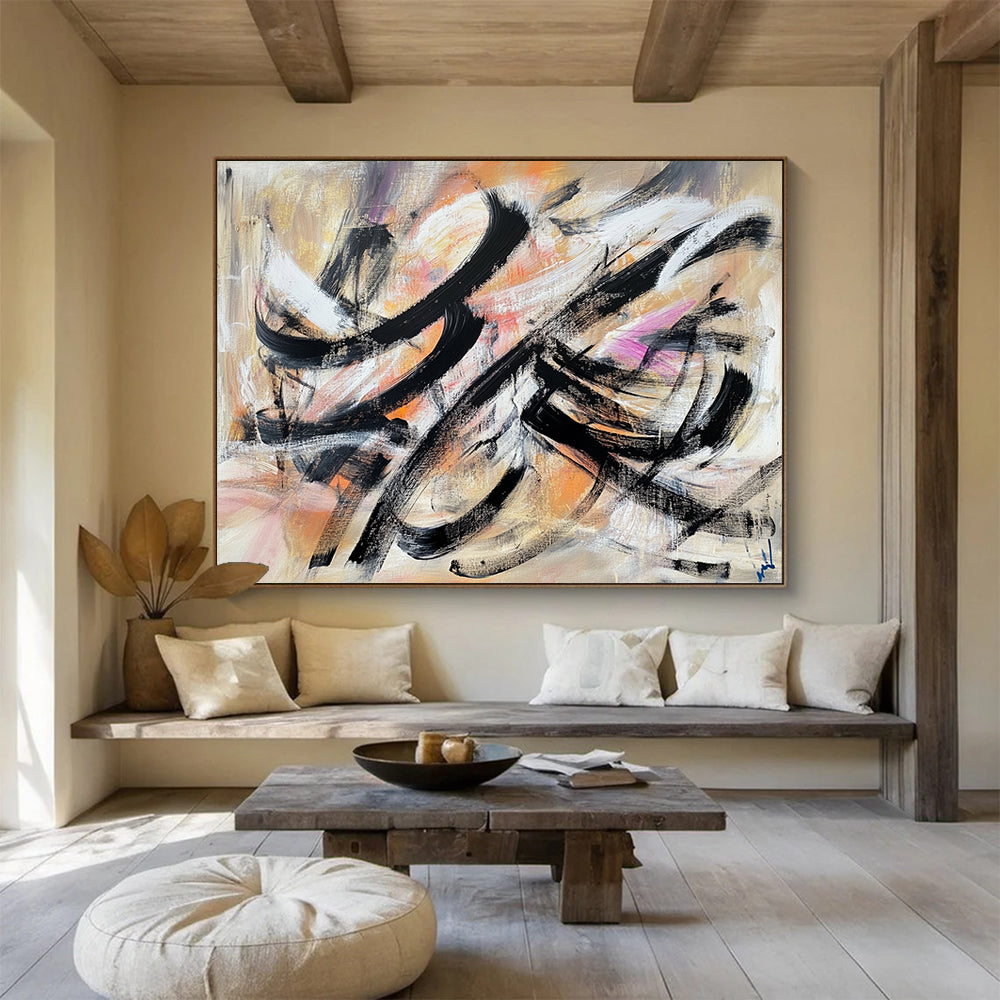 “Colorful Abstract Swirls” - Black, White, Orange, Pink, Purple, Fluid Brushstrokes - Acrylic Painting HB1628