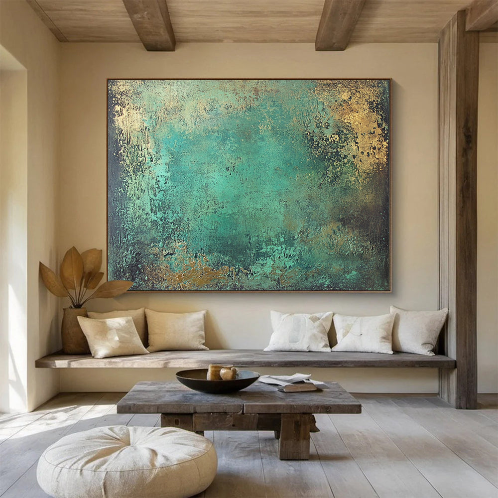 “Teal - Gold Textured Canvas” - Vibrant teal with gold accents, Textural Abstract Painting On Canvas HB0550