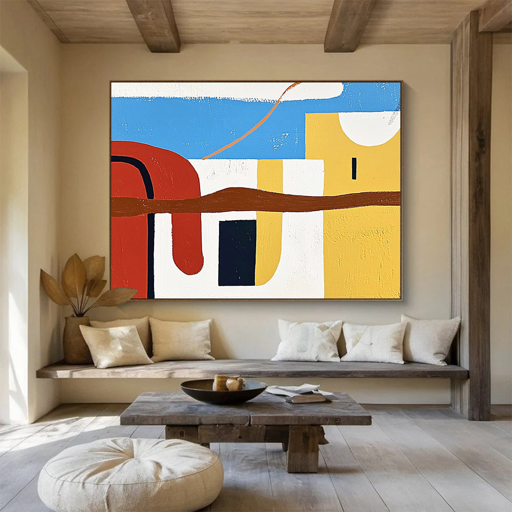 “Colorful Abstract Landscape” - Blue, Red, Yellow, Brown, White - Abstract Geometric Landscape - Acrylic Painting HB1314