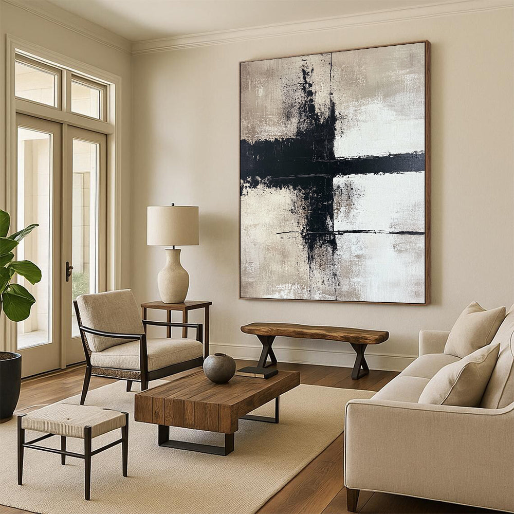 Large contemporary hand-painted abstract art featuring bold brushstrokes on a beige background with high contrast and a minimalist style creating strong visual impact. DLZ0507