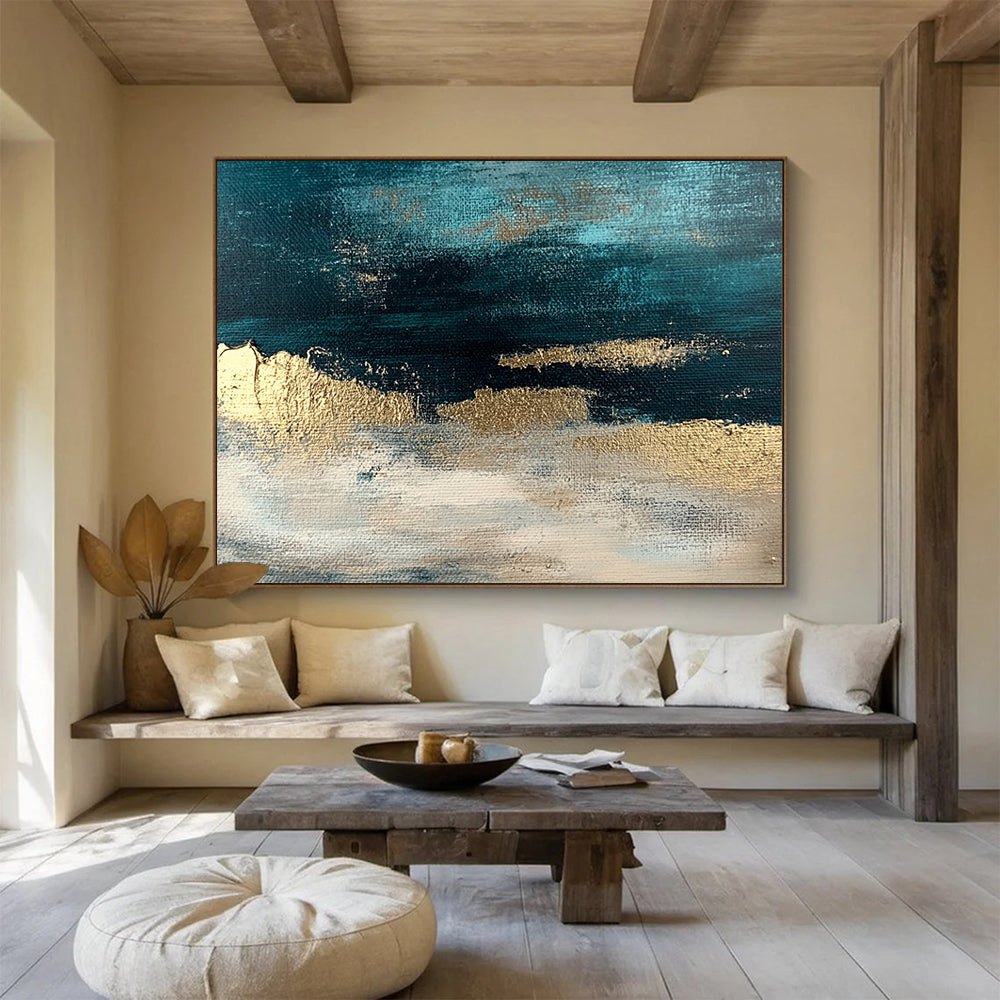 “Teal - Gold Abstract Horizon” - Teal, Gold, White with Textured Layers - Painting On Canvas HB1404