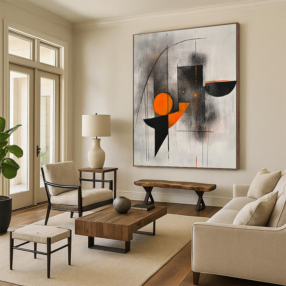Black, Gray, Orange and White Geometric Abstraction "Harmonious Tension" Painting On Canvas HB327