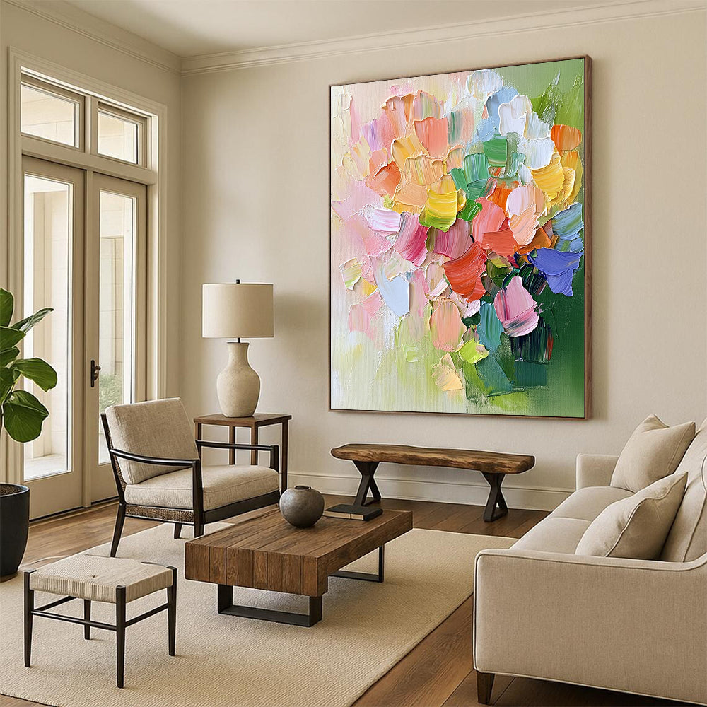 Contemporary abstract artwork featuring a vibrant pink flower bouquet with green leaves and delicate accents in a cheerful pastel palette. DLZ0480
