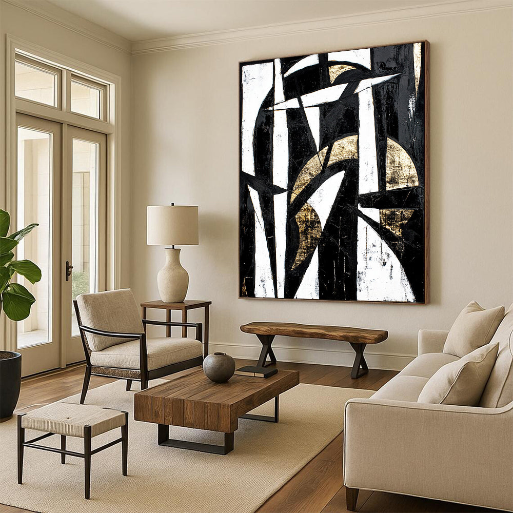 Black, White and Gold Geometric Abstraction "Timeless Contrast" Painting On Canvas HB338