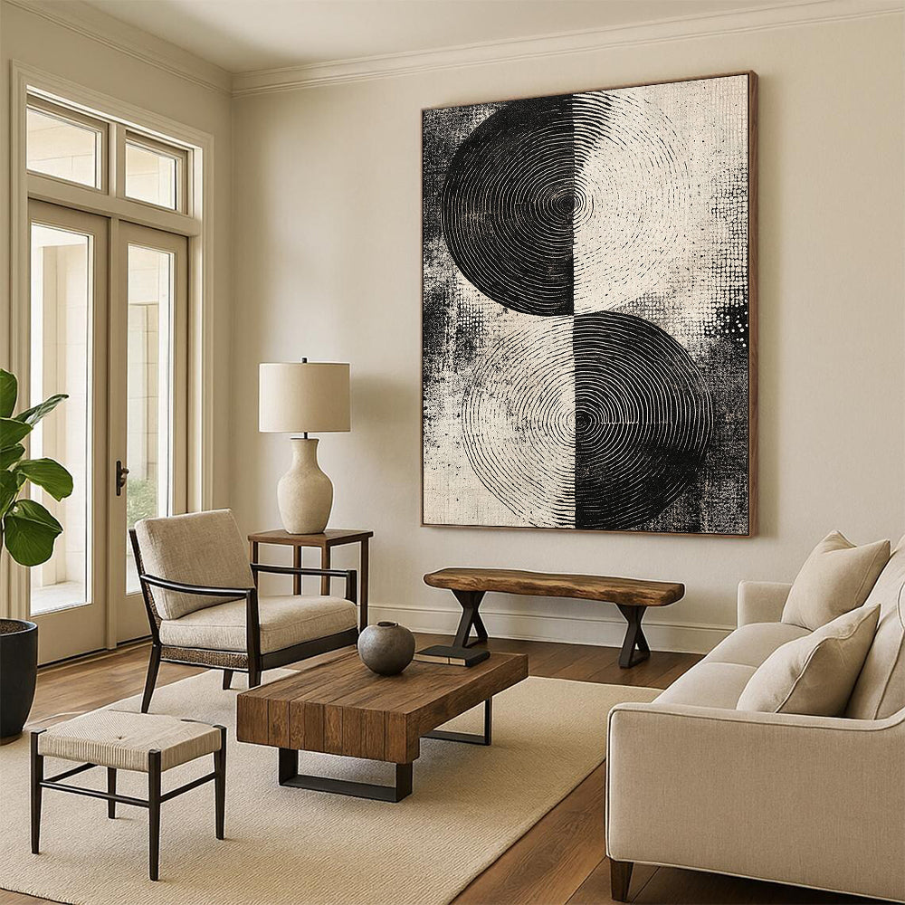 Black and White Split Circles "Dual Rhythm" Painting On Canvas HB253