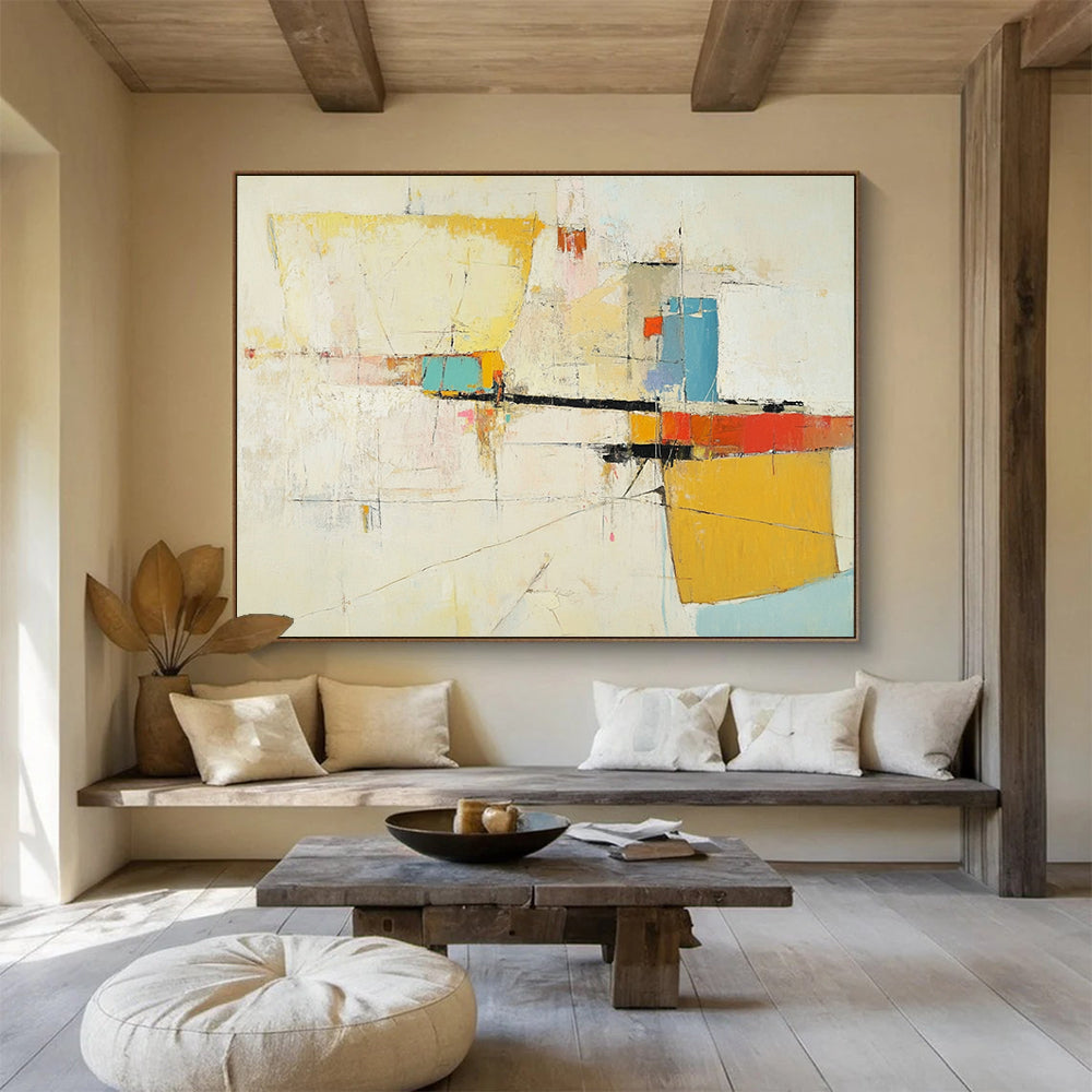“Soft Color Abstract Composition” - Yellow, Blue, Red, Pink, Gray, White, Mixed Shapes - Painting On Canvas HB1440