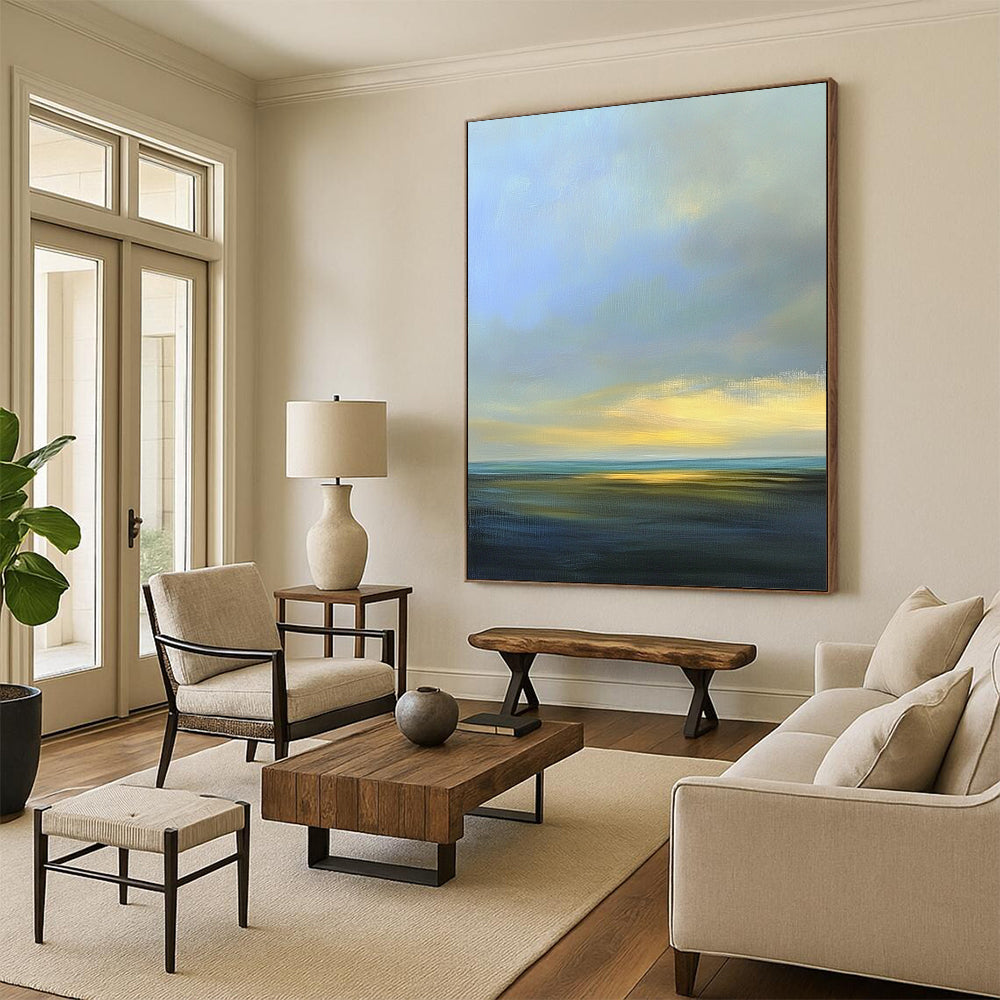 Contemporary abstract artwork featuring a serene sky with soft blues and grays, accented by light yellow highlights and distant clouds. DLZ0492